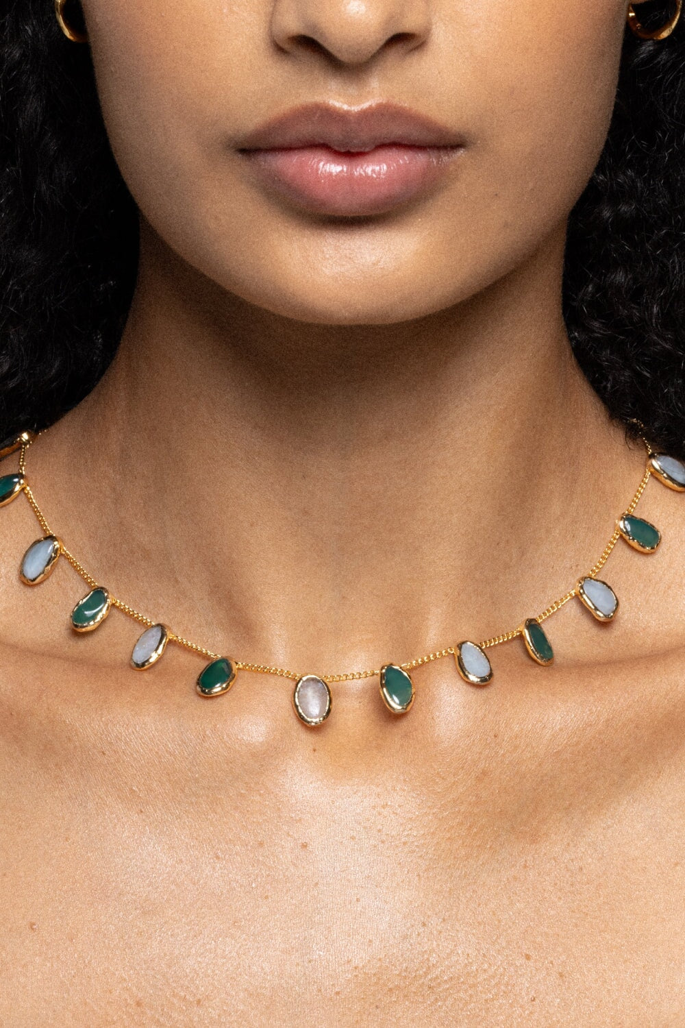 Aquamarine and Jade Mini Crystal Chain Necklace in Gold