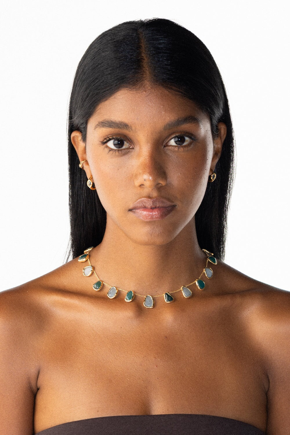 Aquamarine and Jade Mini Crystal Chain Necklace in Gold
