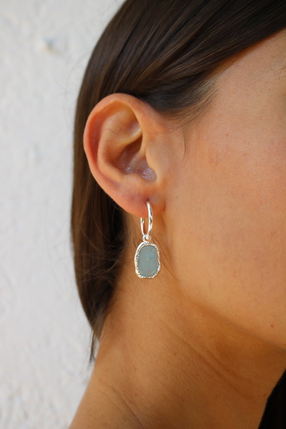 Aquamarine Charm Hoops in Silver