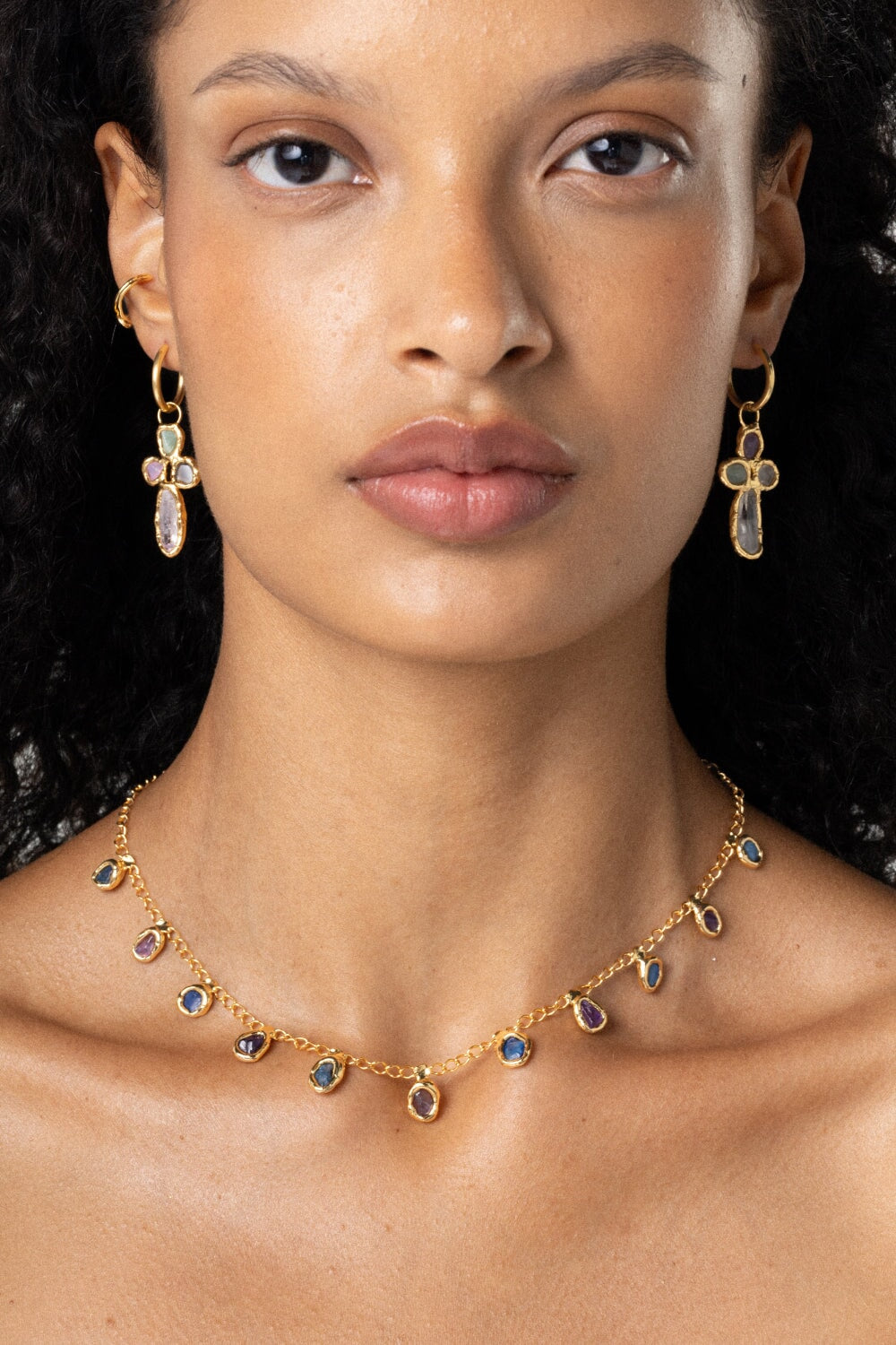 Blue and Purple Agate Necklace in Gold