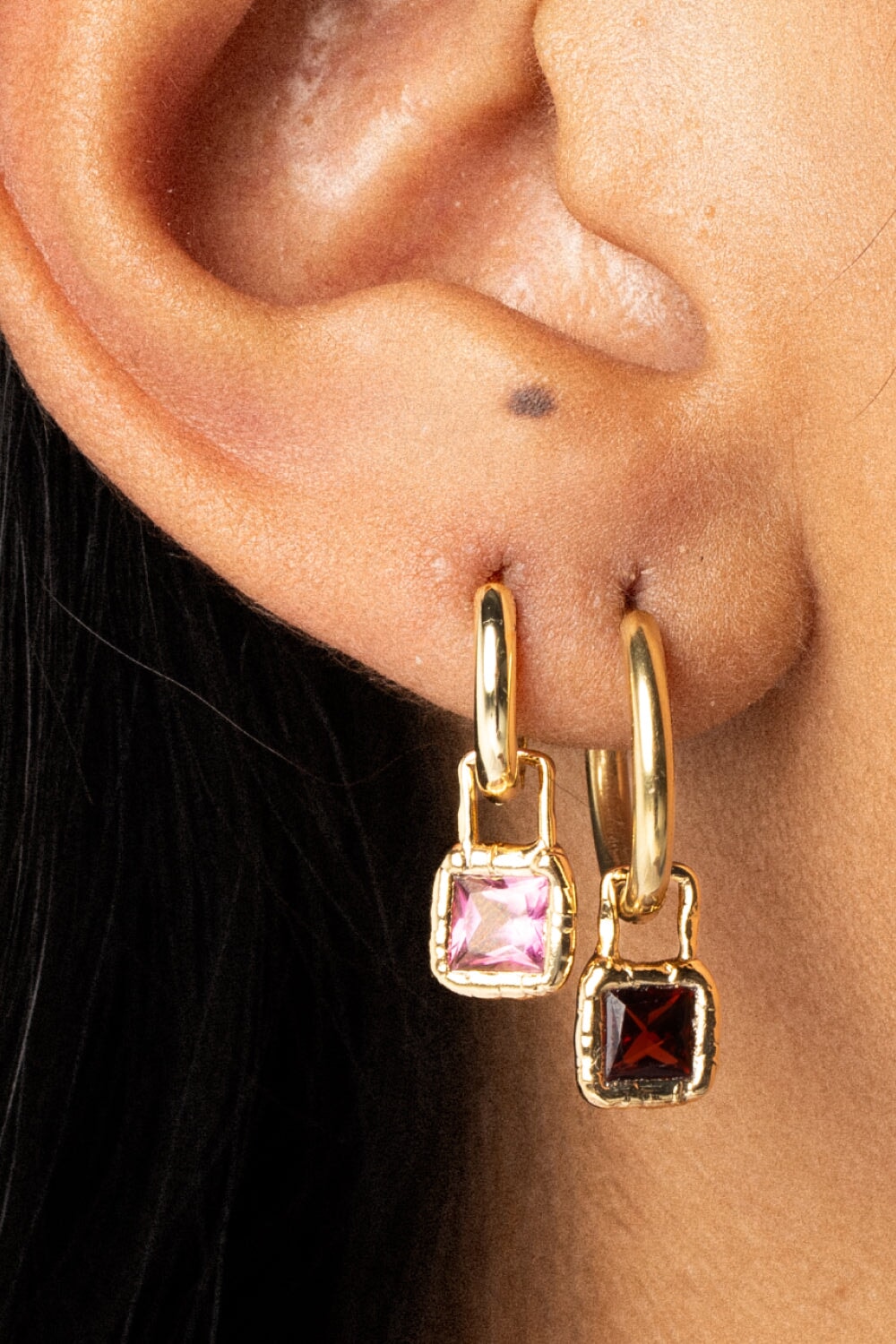 Garnet Cut Gems Charm Hoops Gold