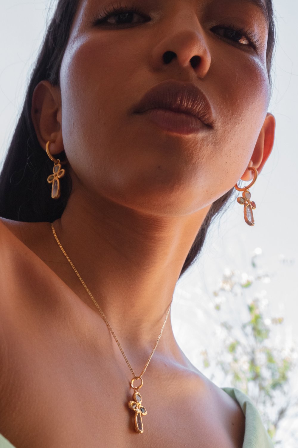 Gemstone Cross Charm in Gold