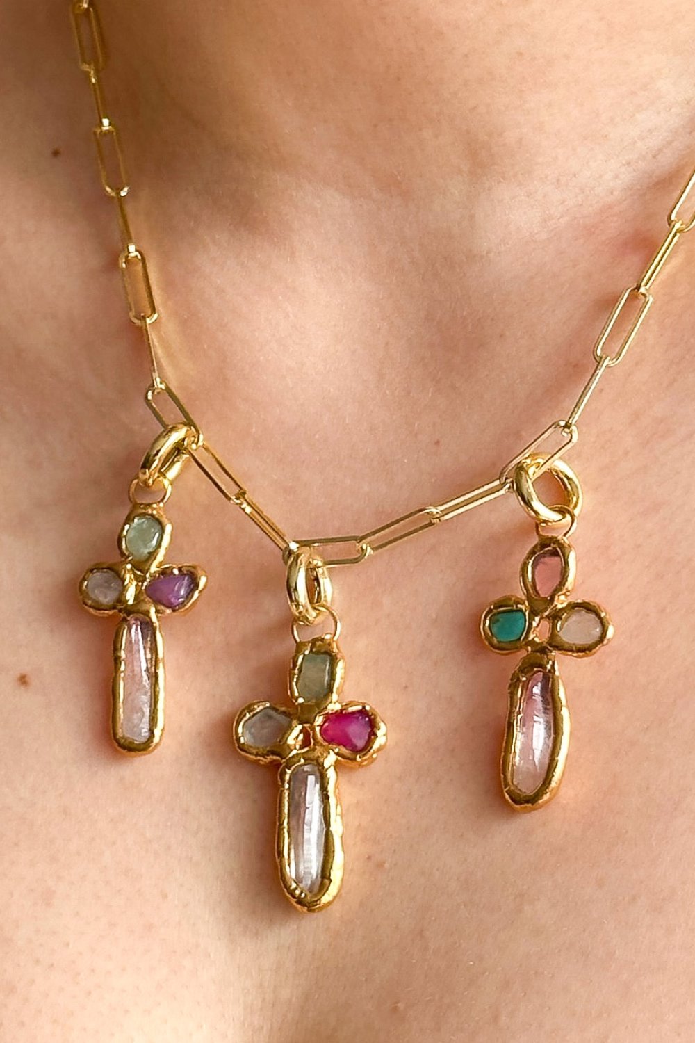 Gemstone Cross Charm in Gold