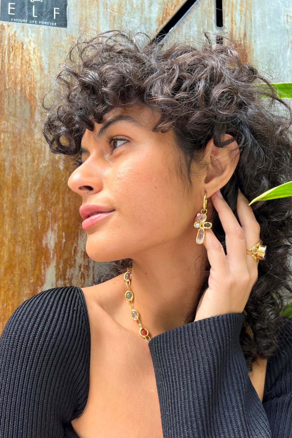 Gemstone Cross Hoops in Gold