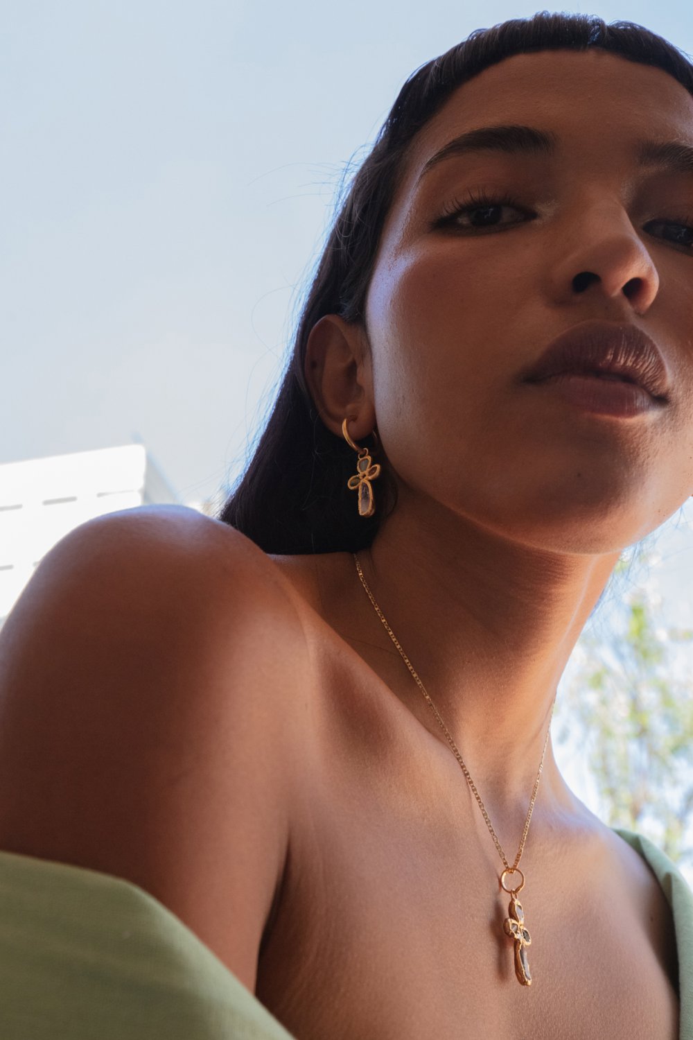 Gemstone Cross Hoops in Gold