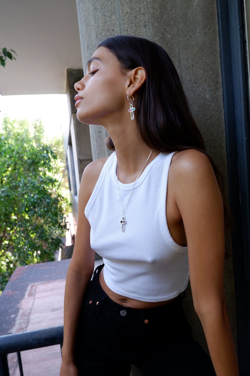 Gemstone Cross Hoops in Silver