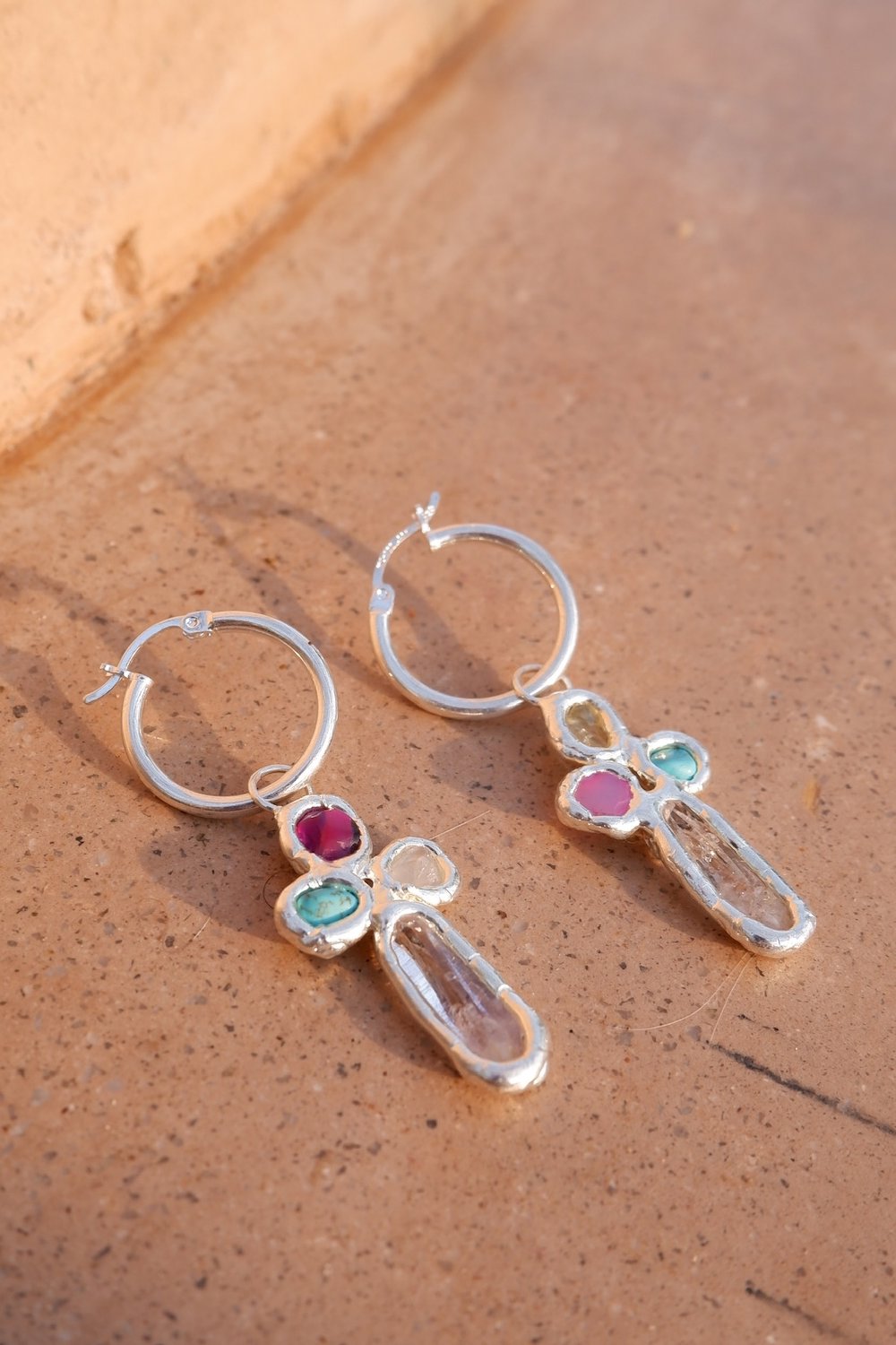 Rainbow Cross Hoops in Silver