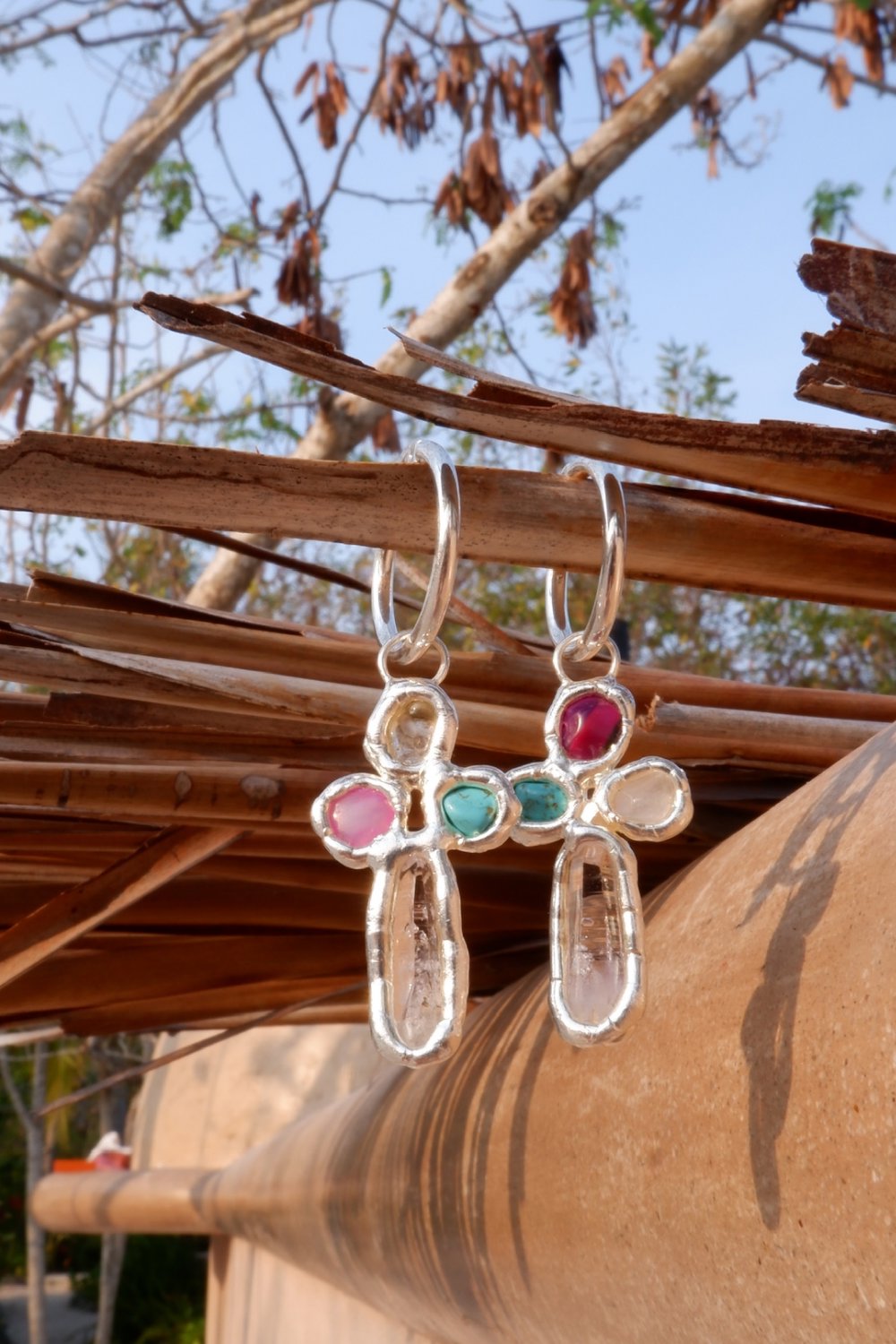 Gemstone Cross Hoops in Silver