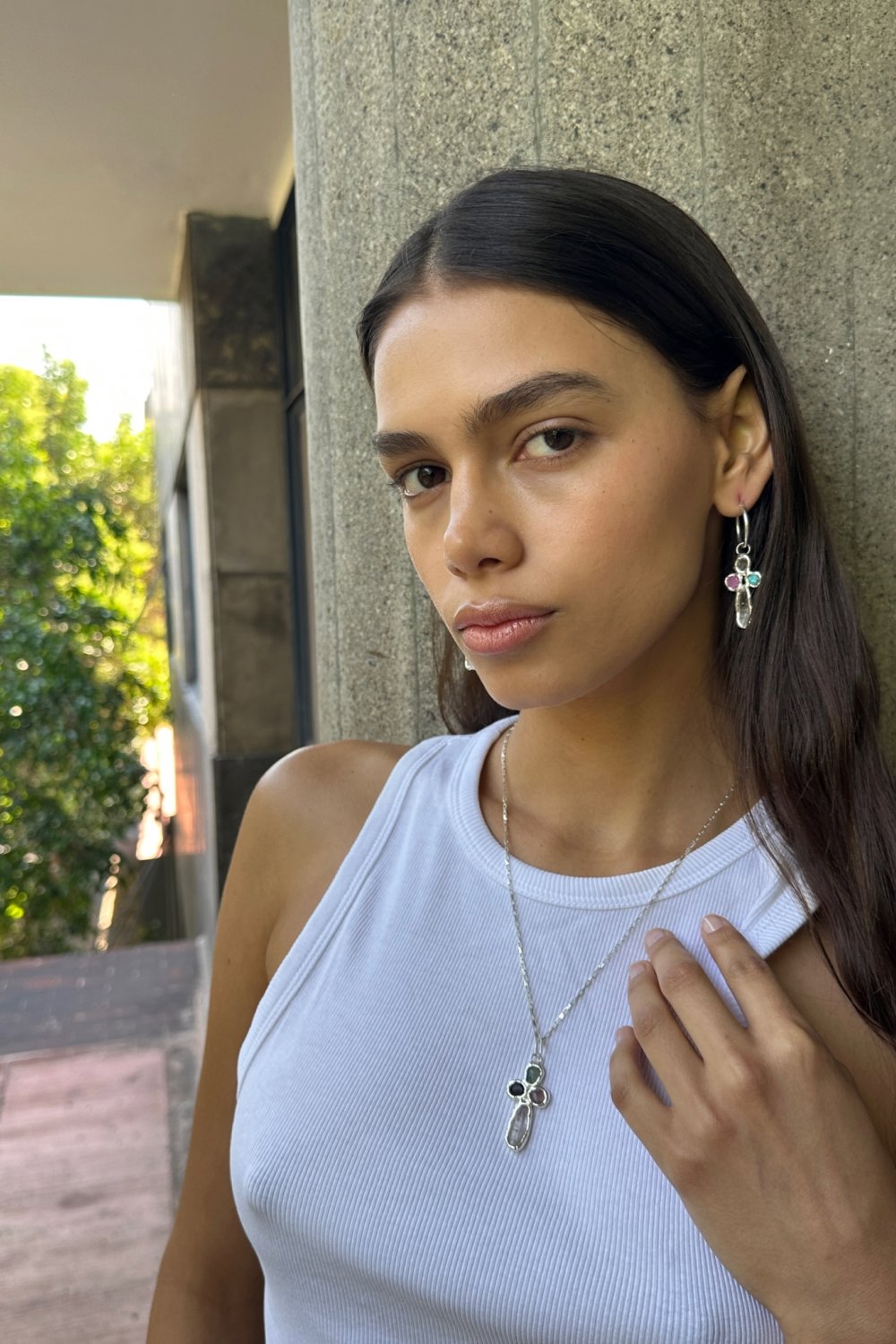 Gemstone Cross Hoops in Silver