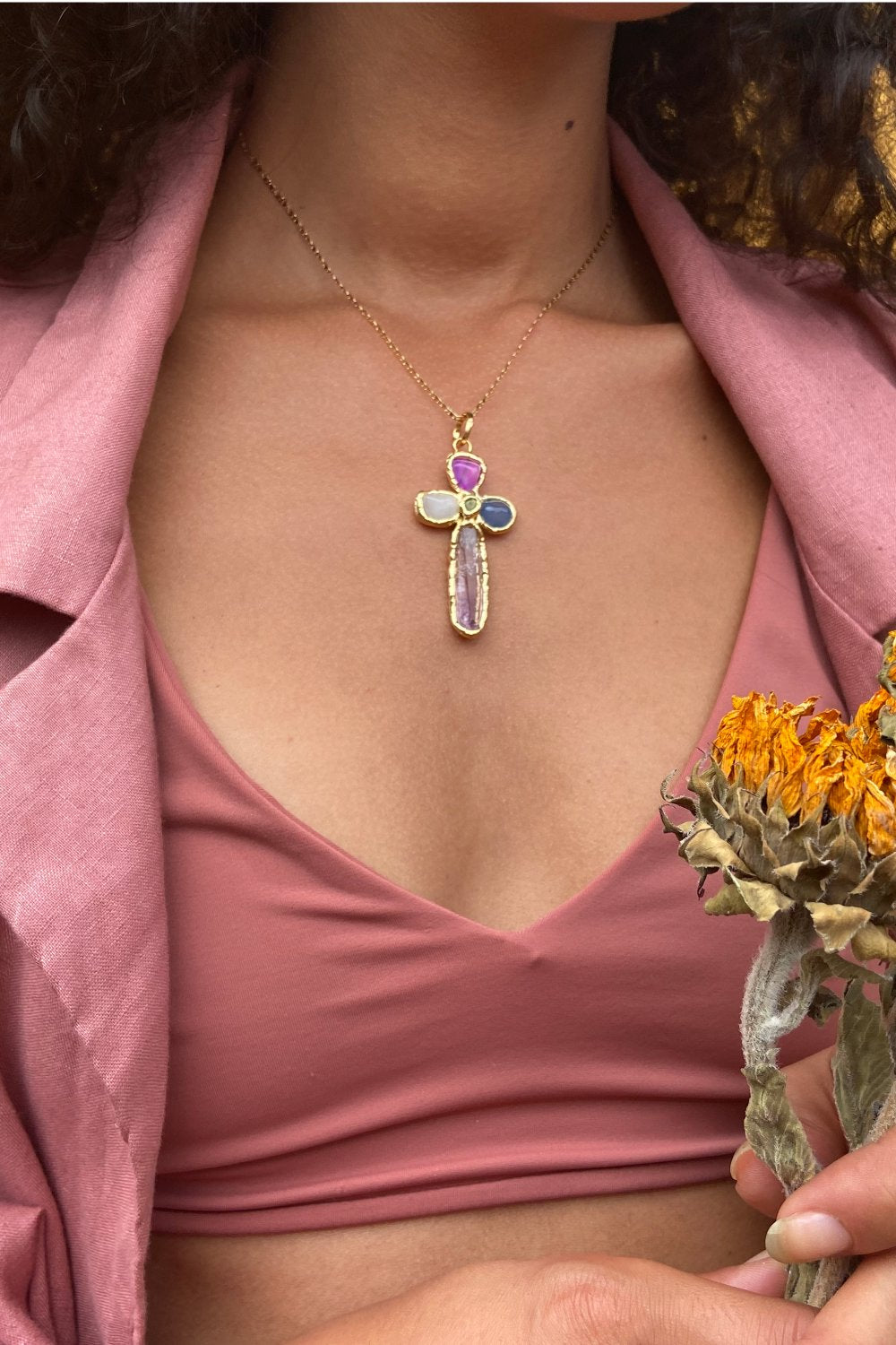 Grande Gemstone Cross Charm in Gold