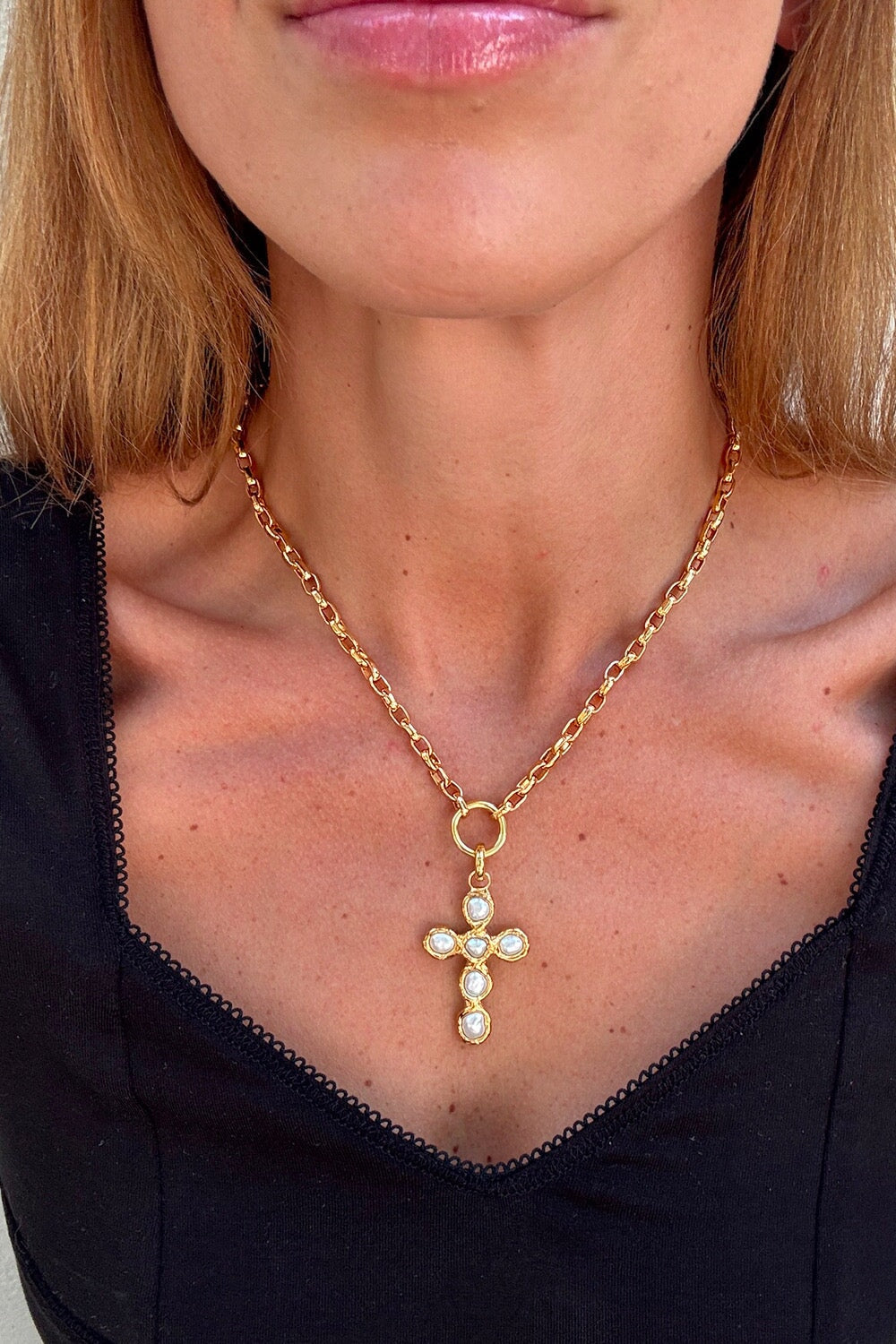 Pearl Cross Charm in Gold