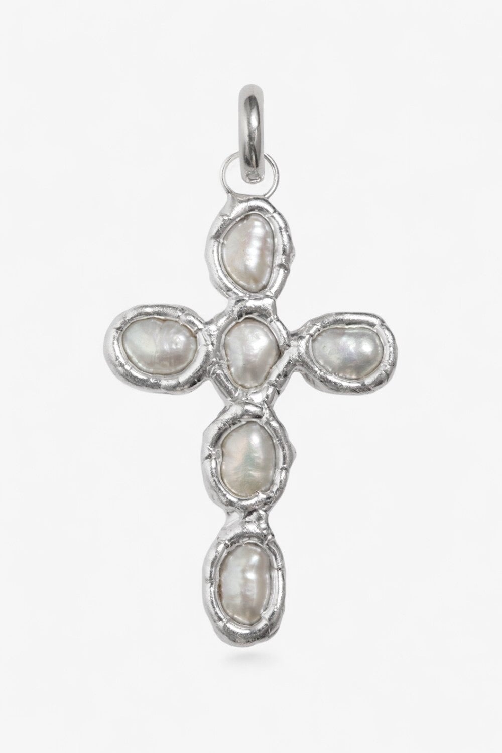 Grande Pearl Cross Charm in Silver