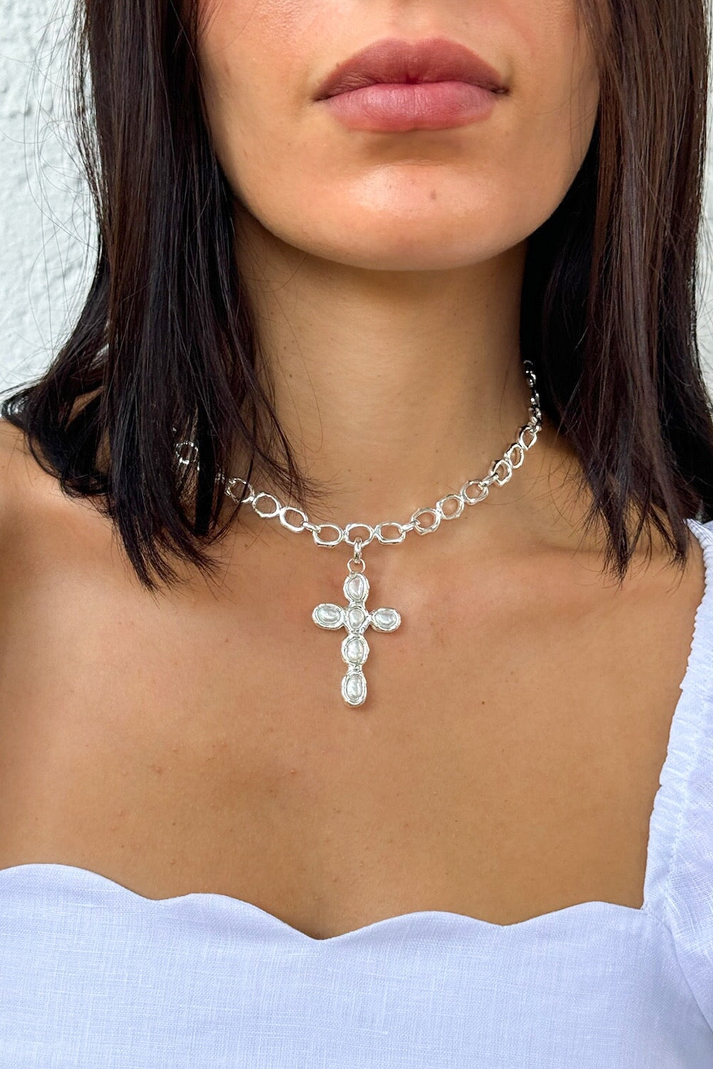 Pearl Cross Charm in Silver