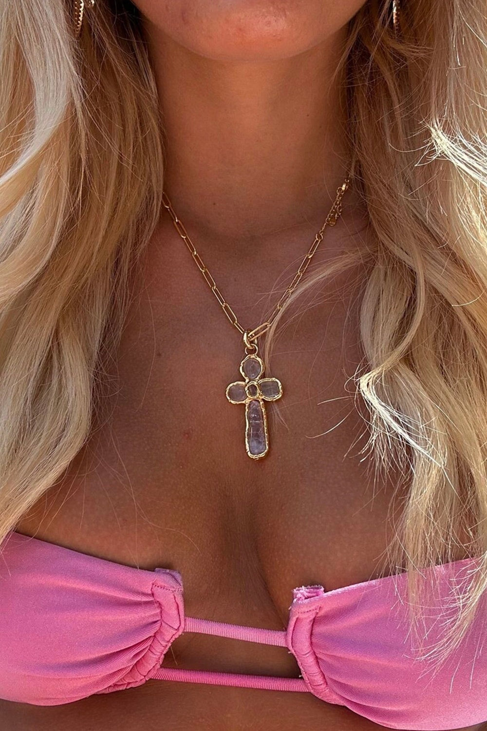 Quartz Cross Pendant in Gold