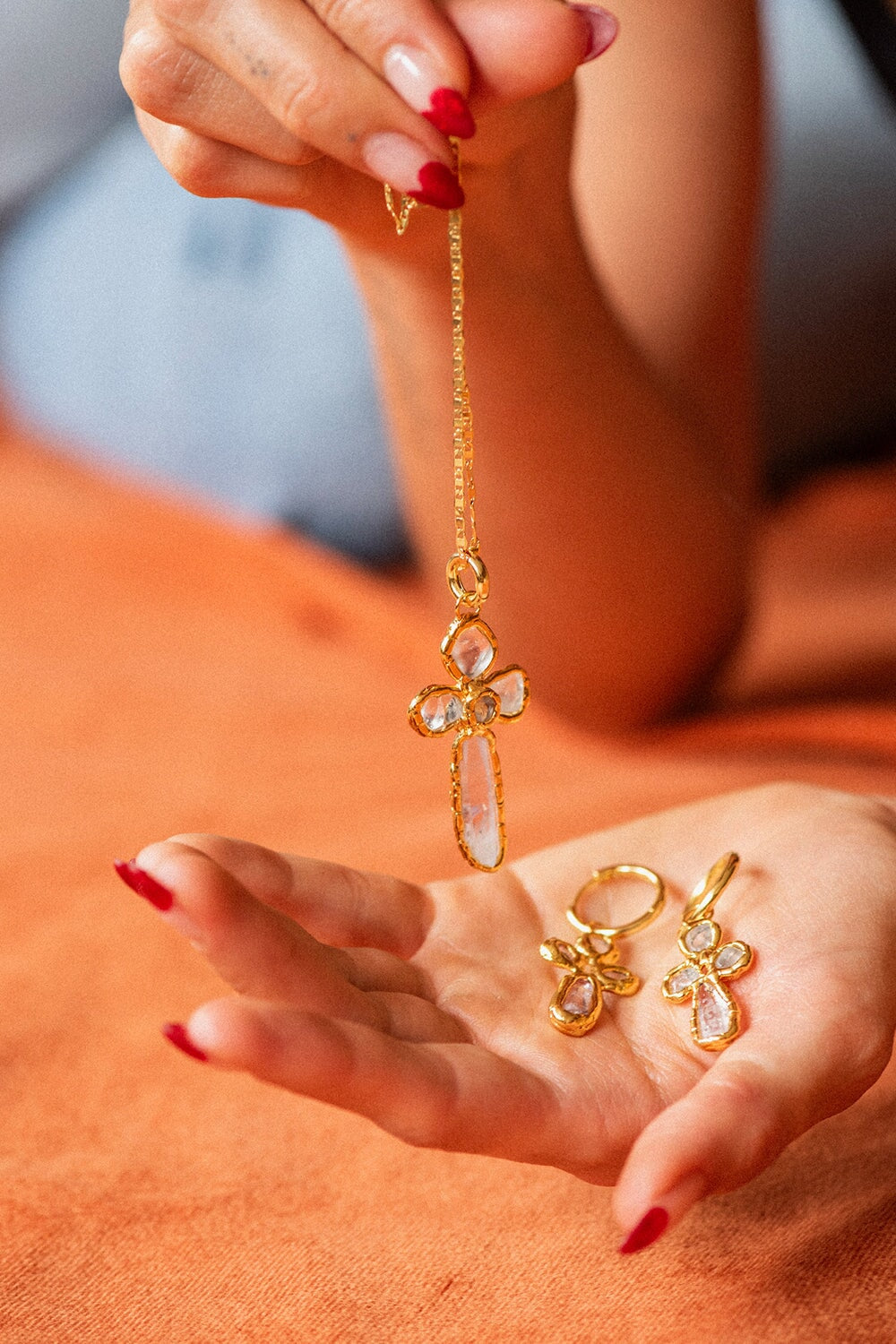Quartz Cross Pendant in Gold