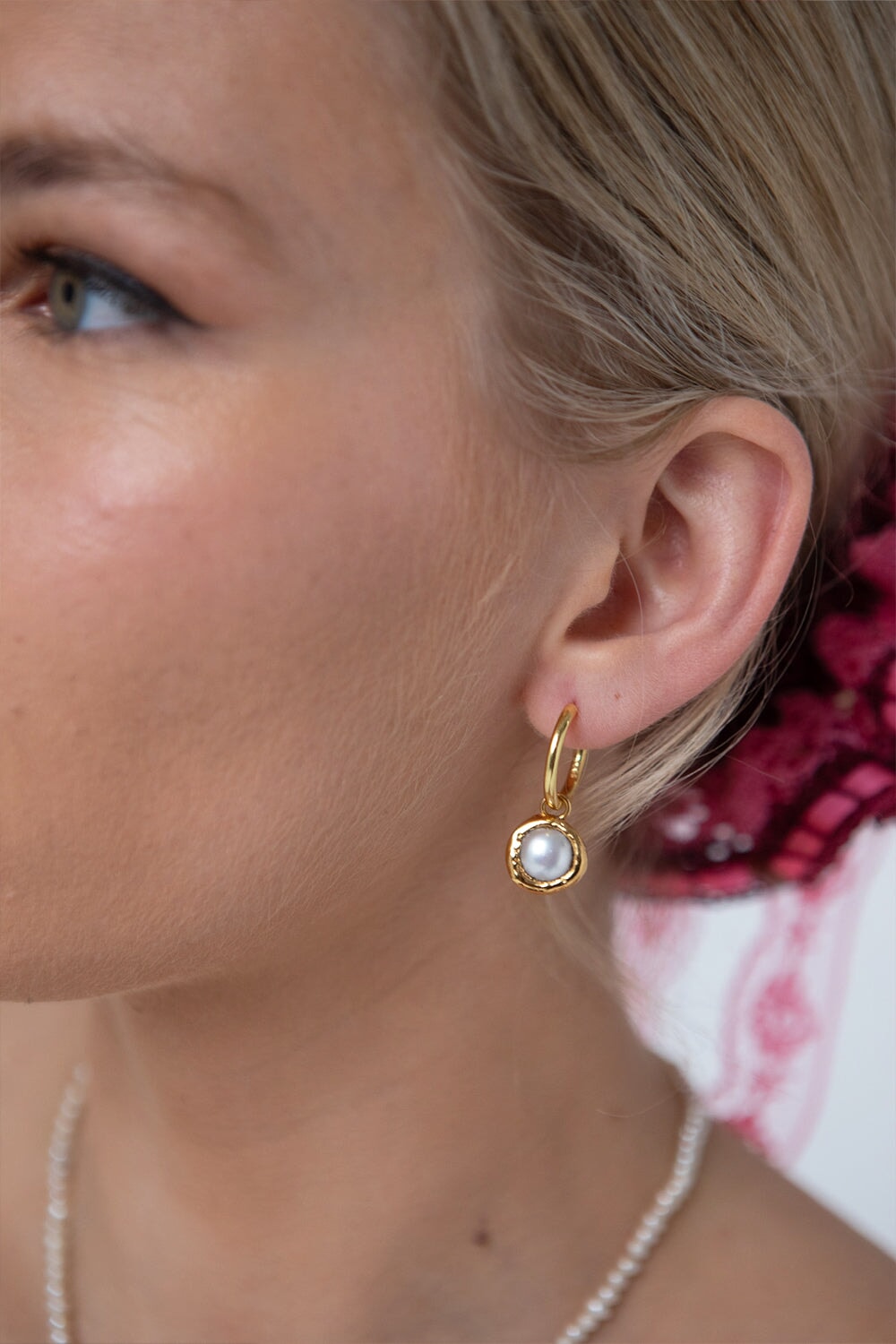 Pearl Charm Hoops in Gold