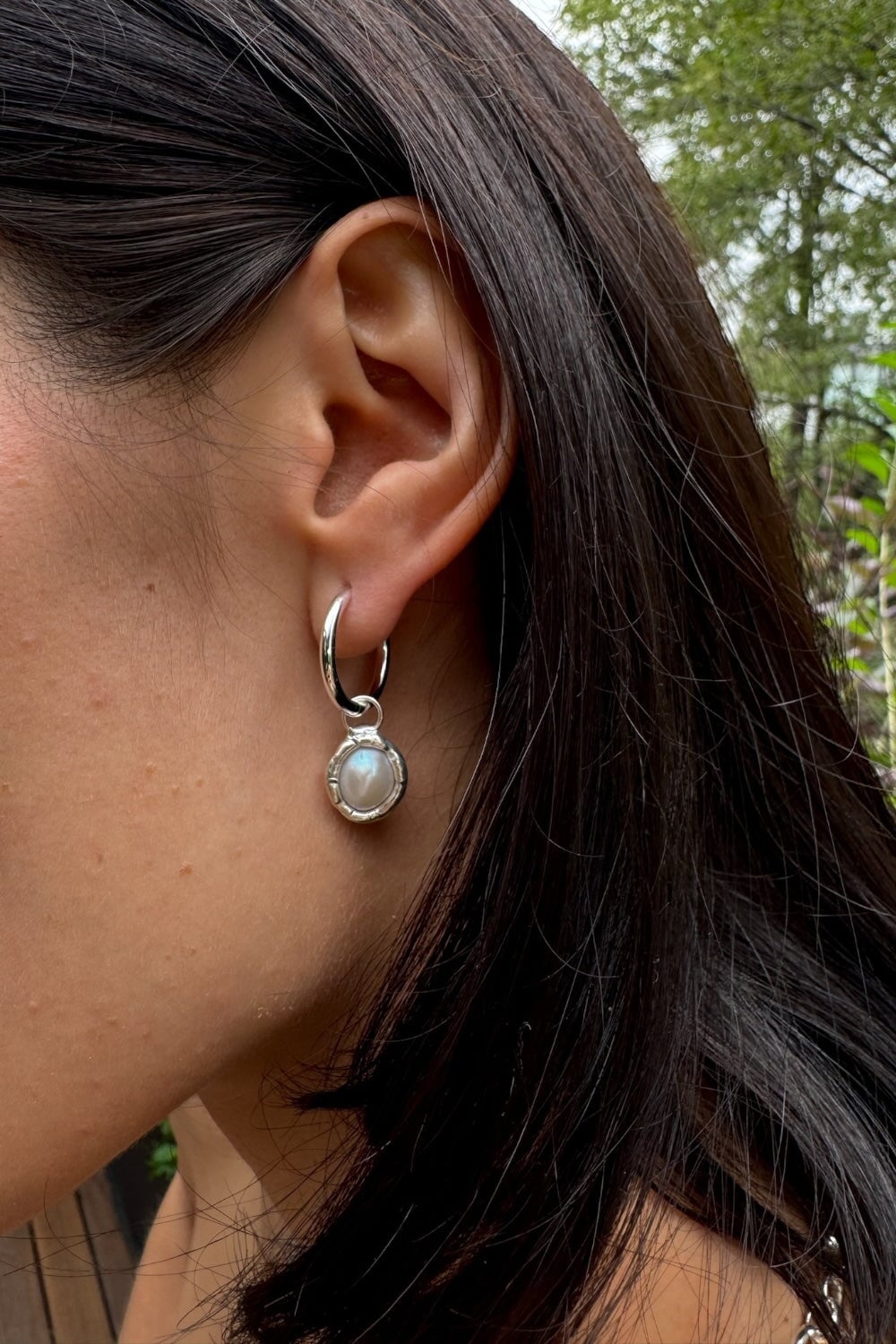 Pearl Charm Hoops in Silver