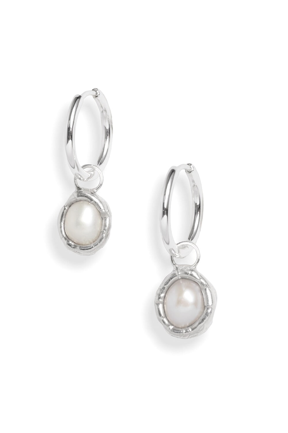 Pearl Charm Hoops in Silver