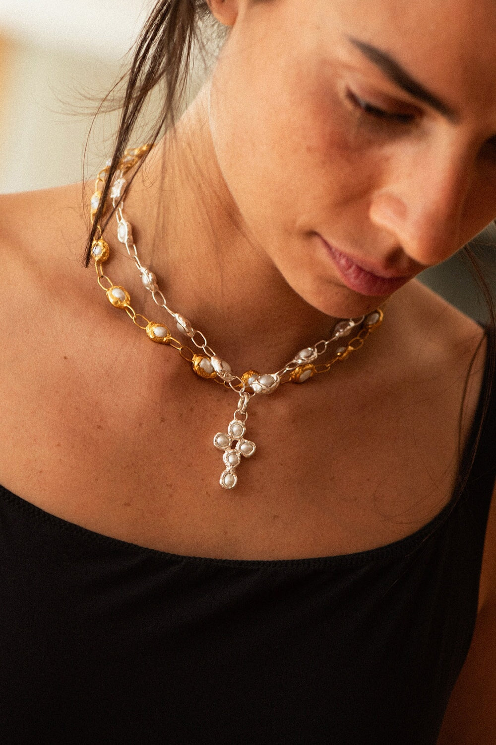 Pearl Cross Charm in Silver