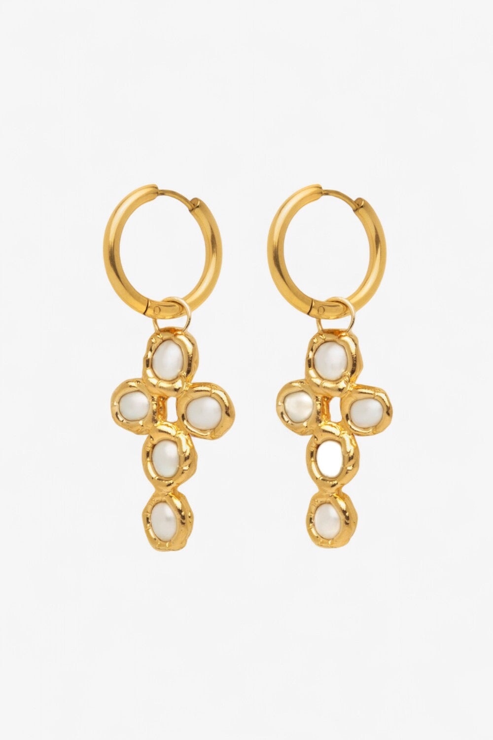 Pearl Cross Hoops in Gold