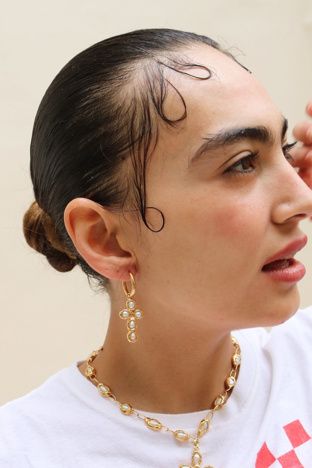 Pearl Cross Hoops in Gold