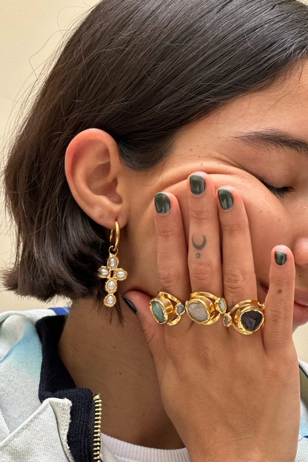 Pearl Cross Hoops in Gold