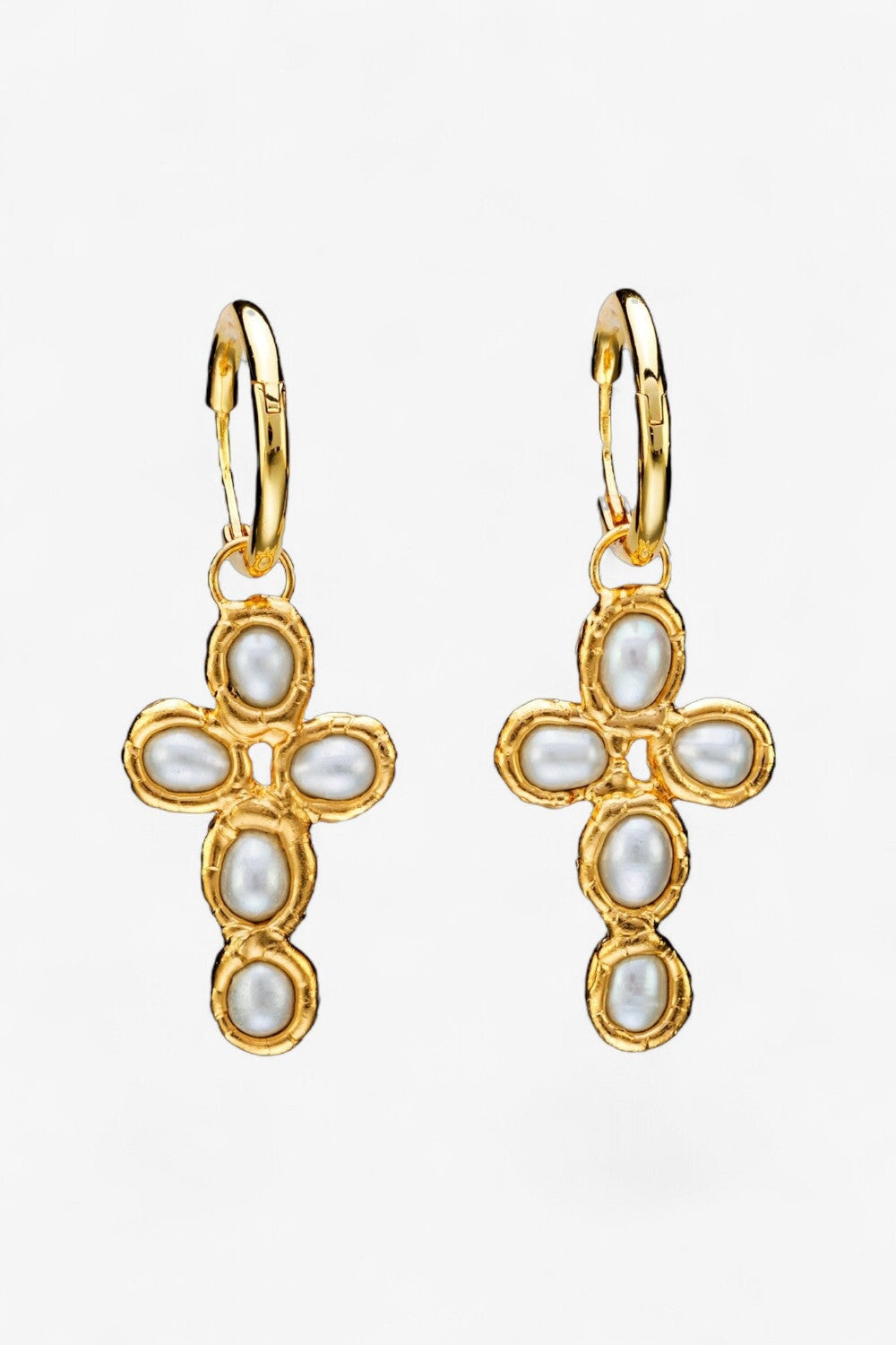 Pearl Cross Hoops in Gold