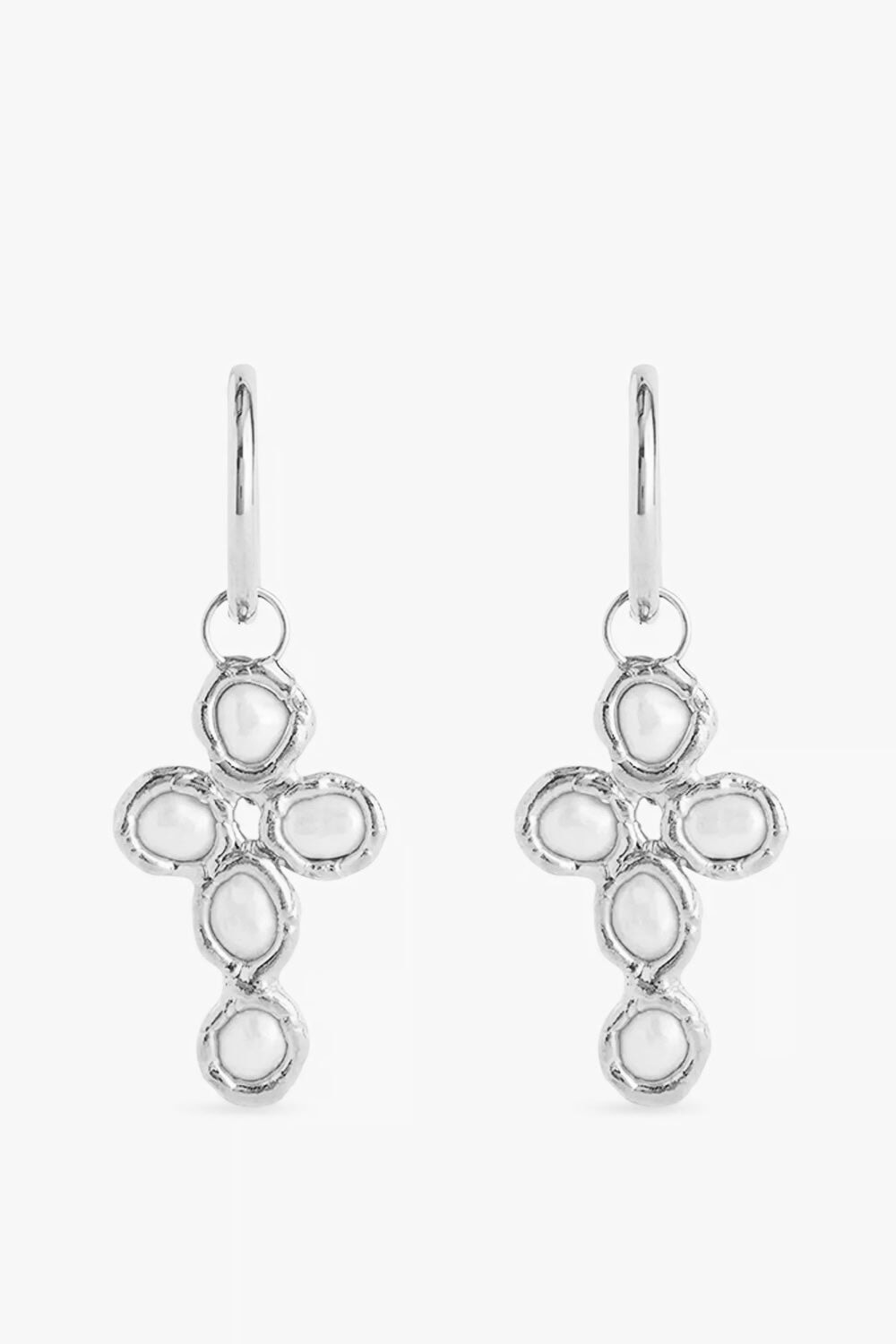 Pearl Cross Hoops in Silver