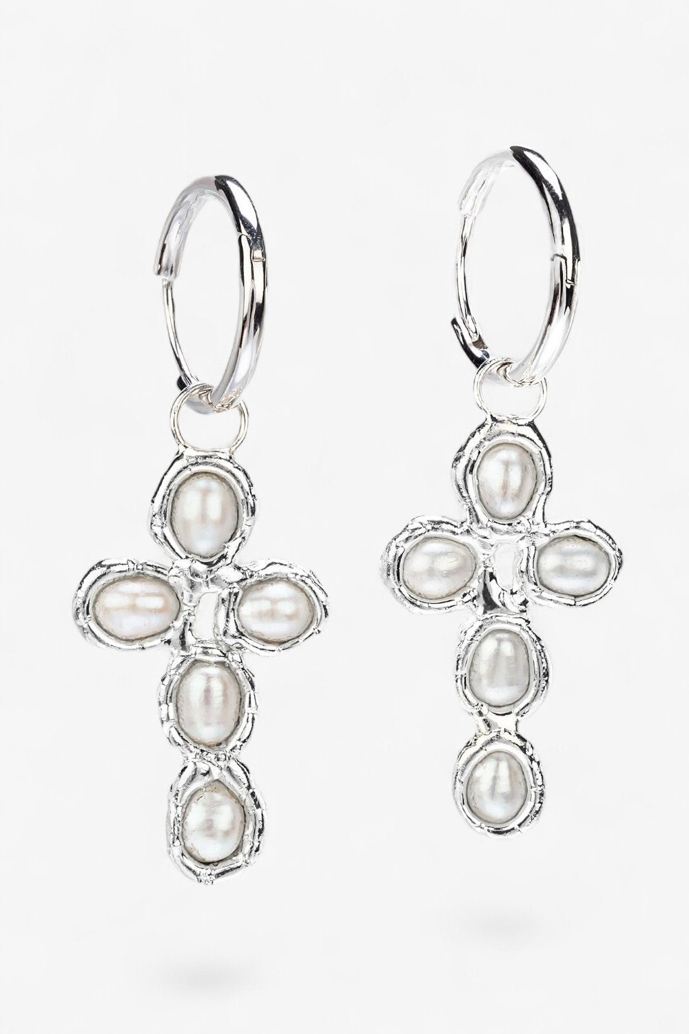 Pearl Cross Hoops in Silver