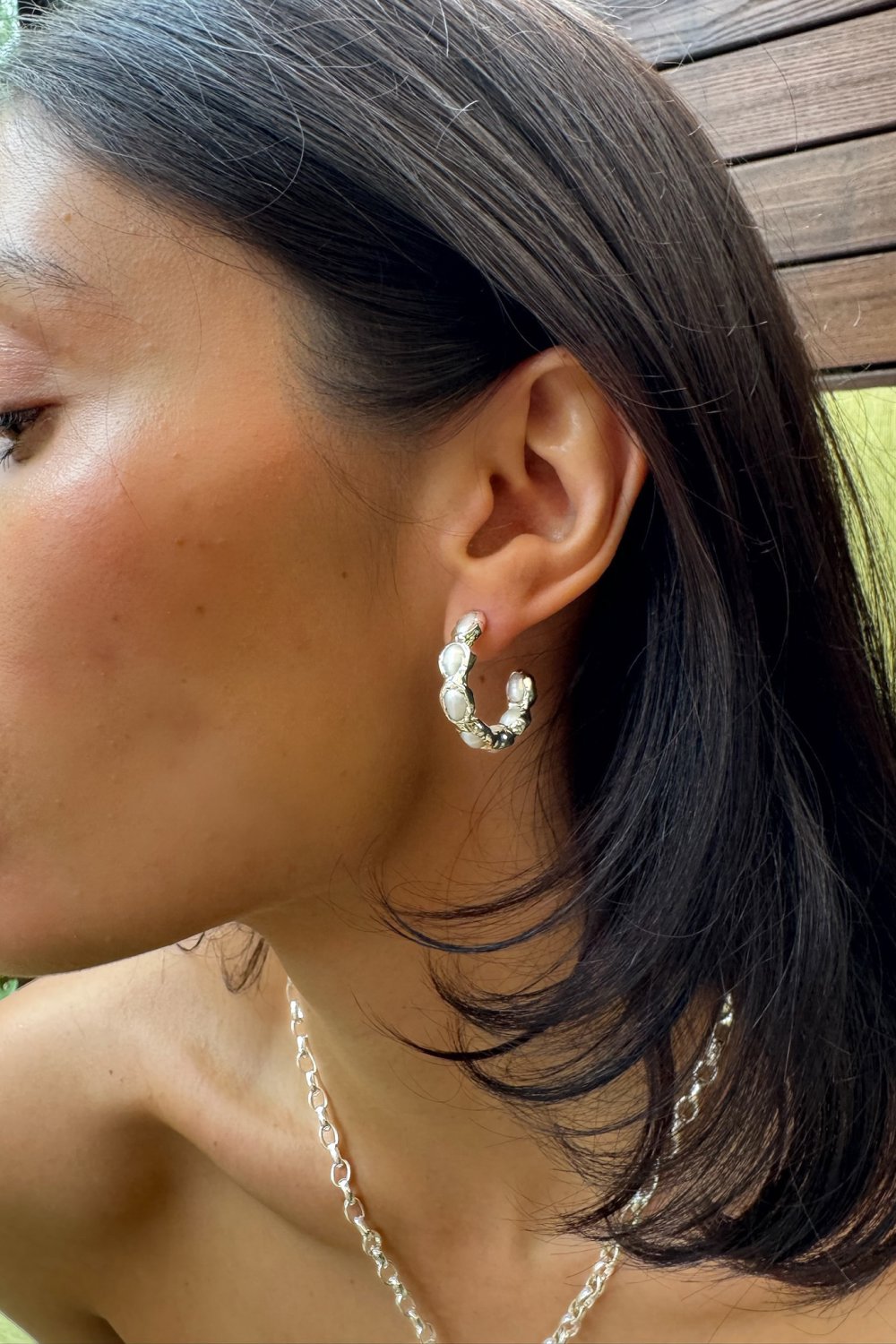 Pearl Hoops in Silver