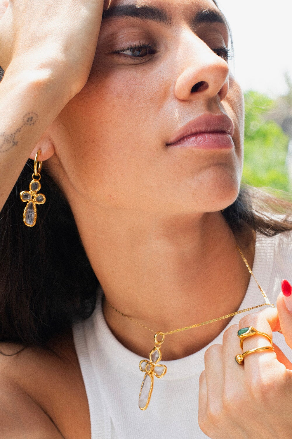 Quartz Cross Hoops in Gold