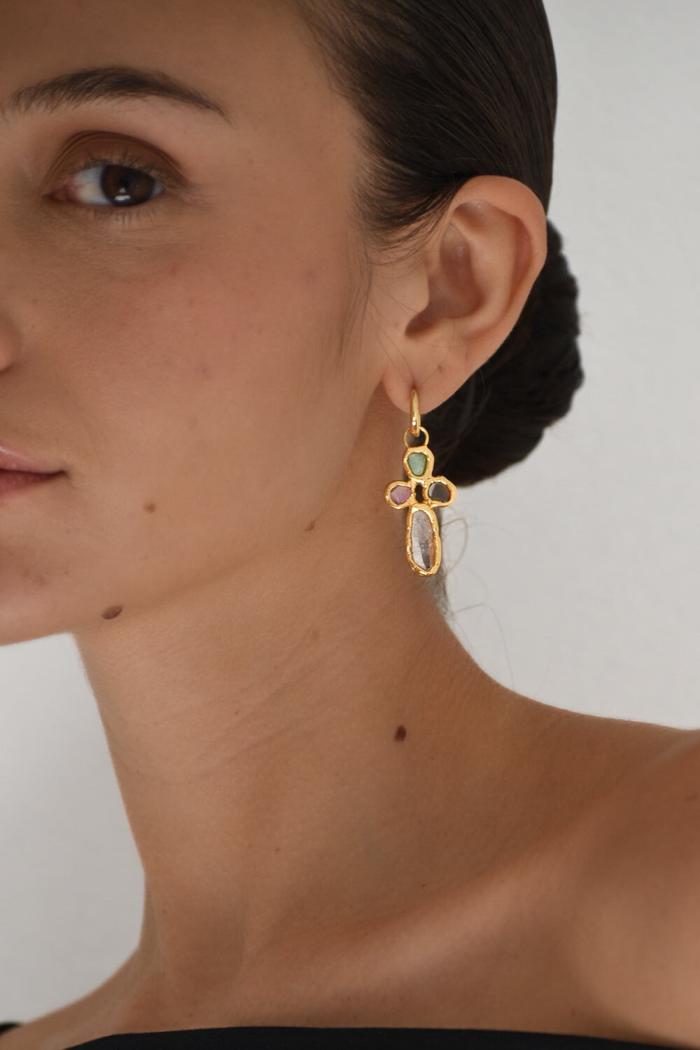 Rainbow Cross Hoops in Gold