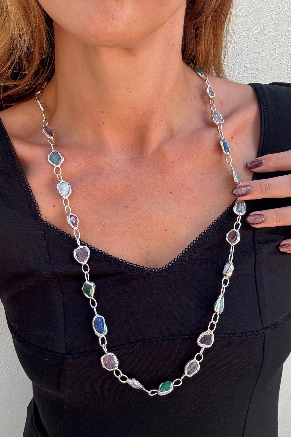 Rainbow Long Necklace & Body Chain in Silver
