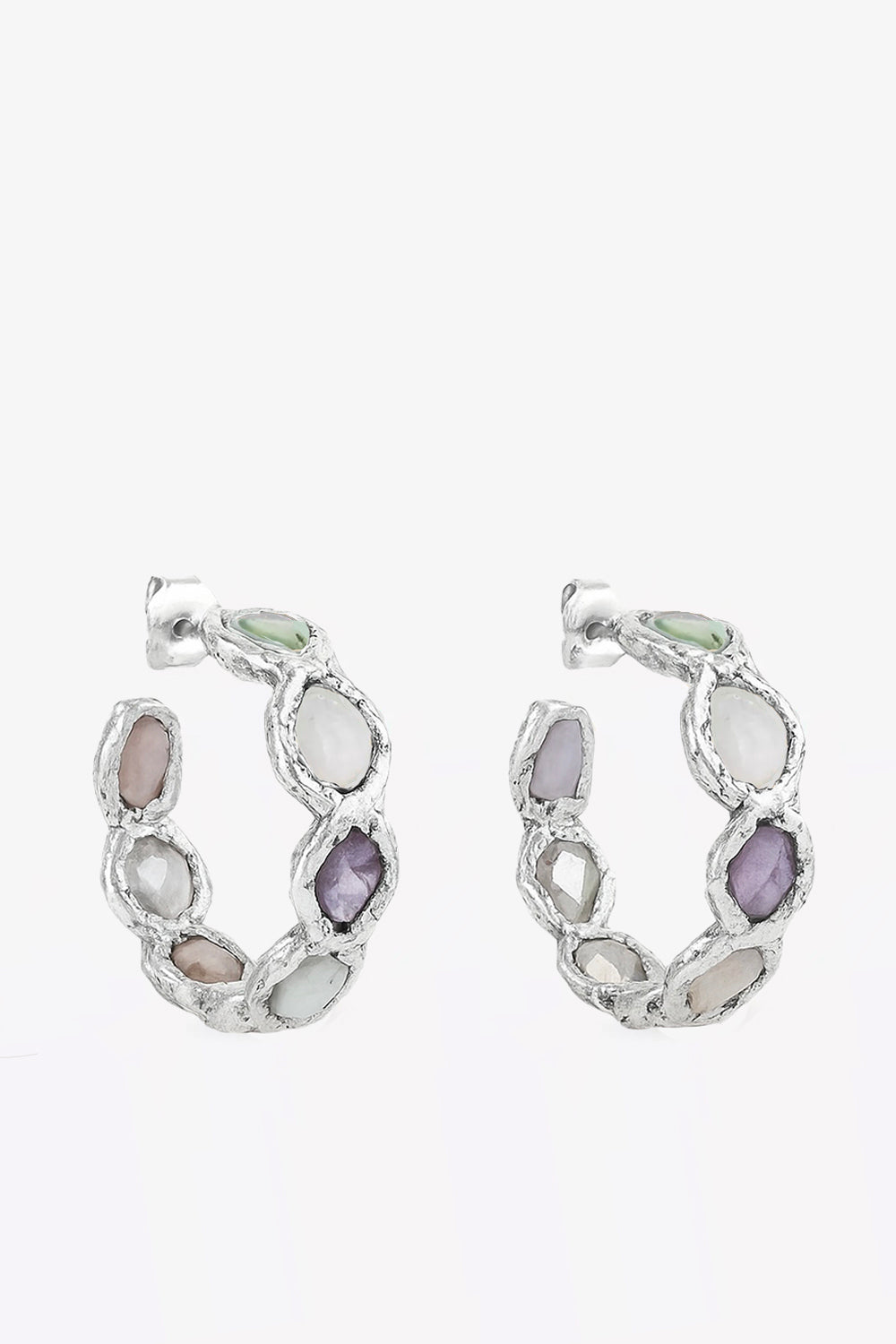 Rainbow Gemstone Hoops in Silver