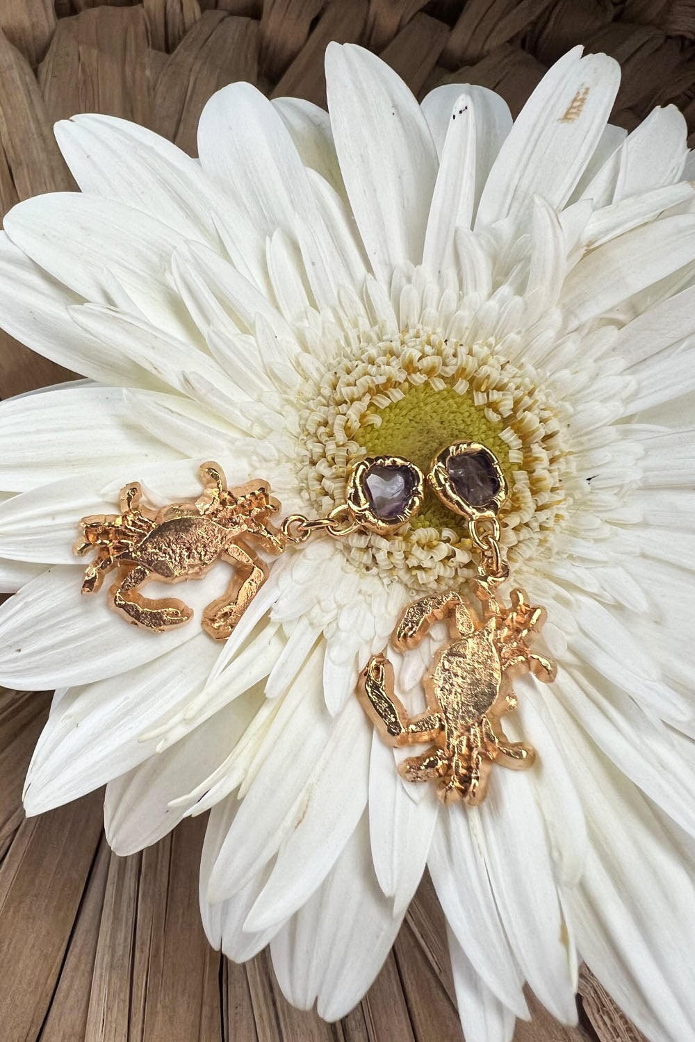 Amethyst Crab Earrings in Gold