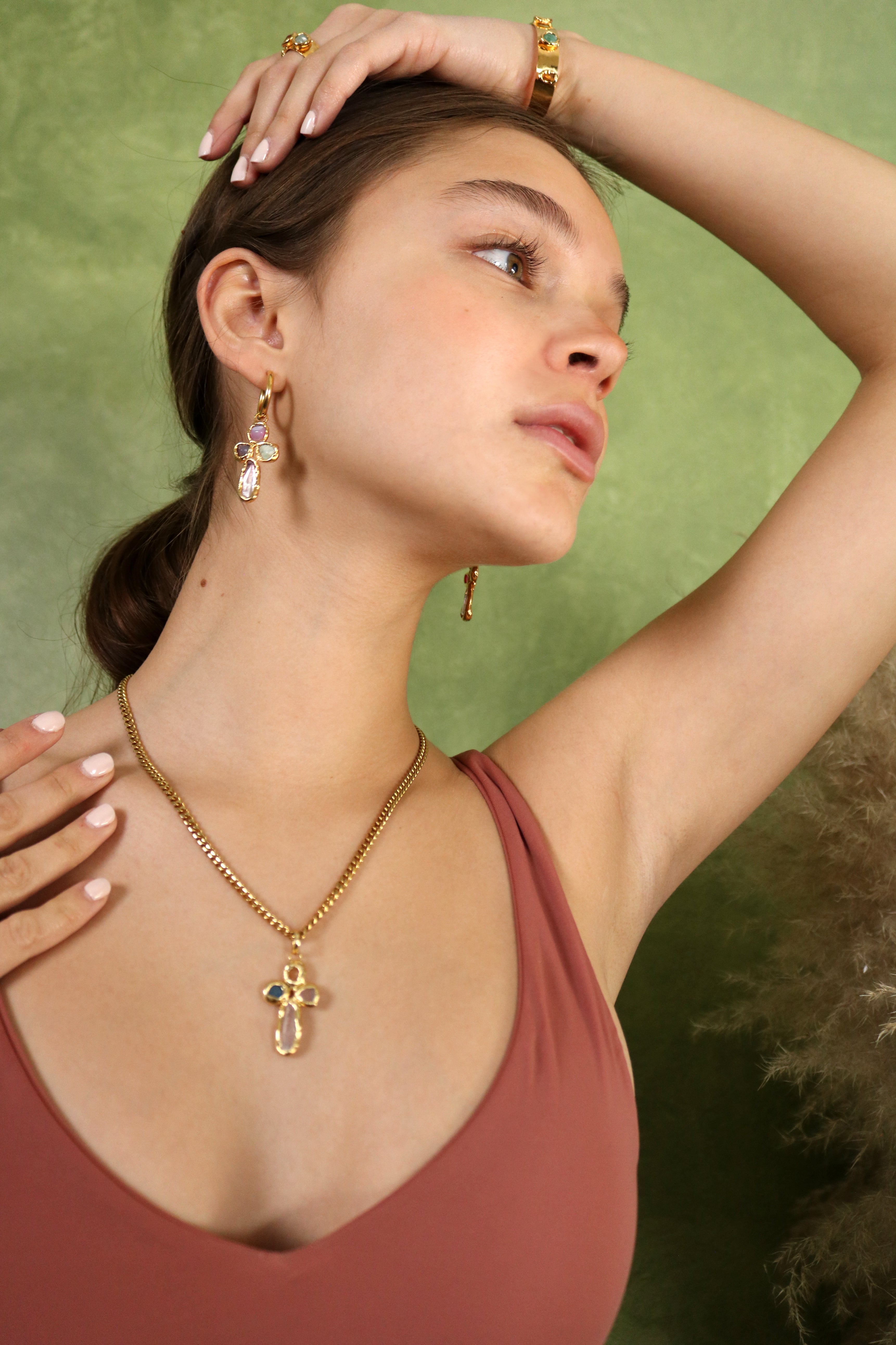 Gemstone Cross Hoops in Gold