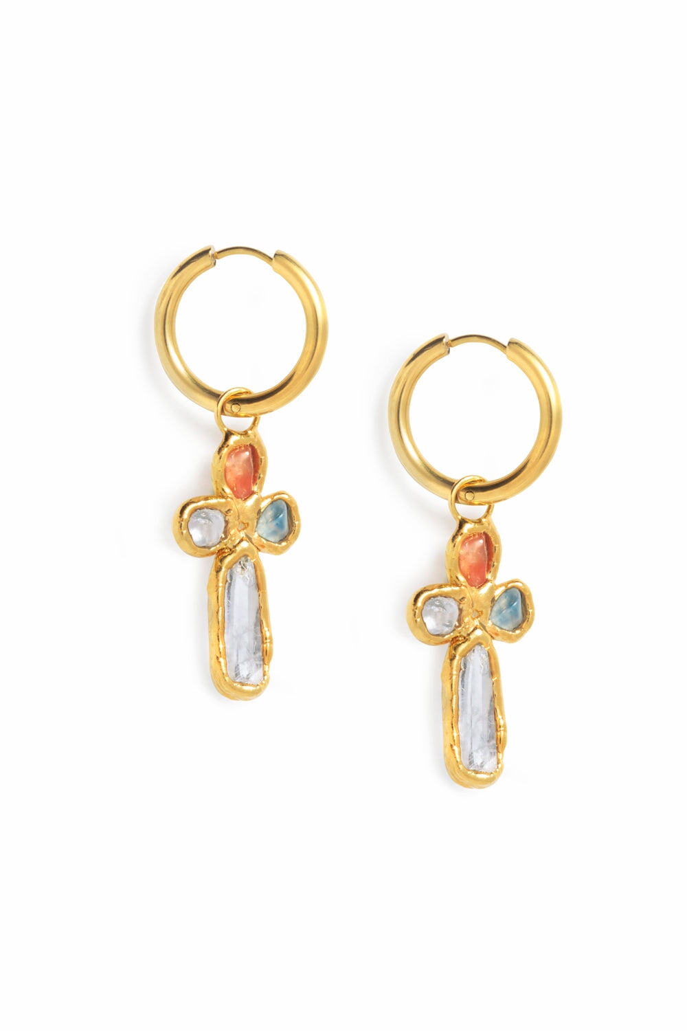 Gemstone Cross Hoops in Gold