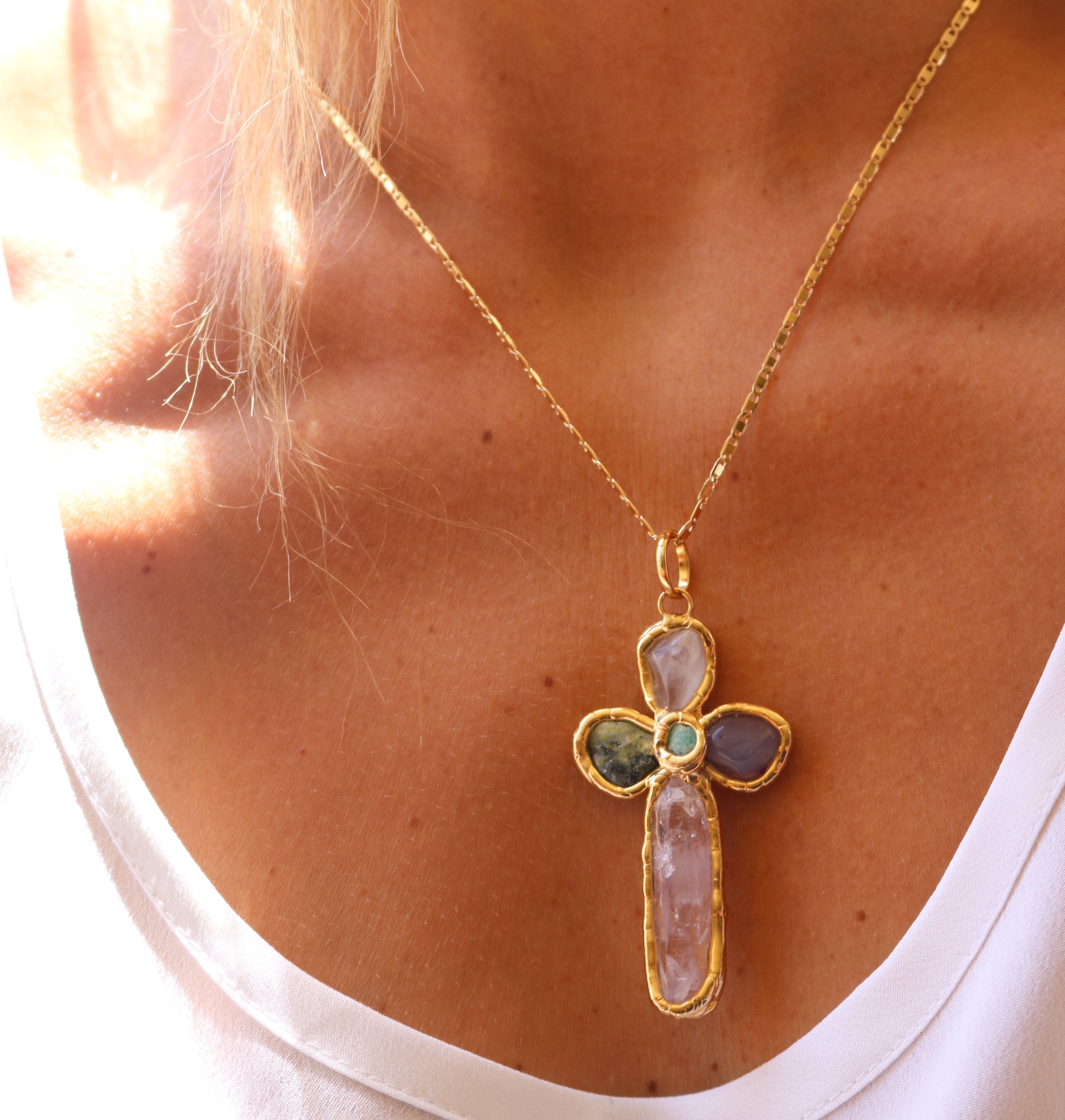 Grande Gemstone Cross Charm in Gold Jewellery Tea & Tequila