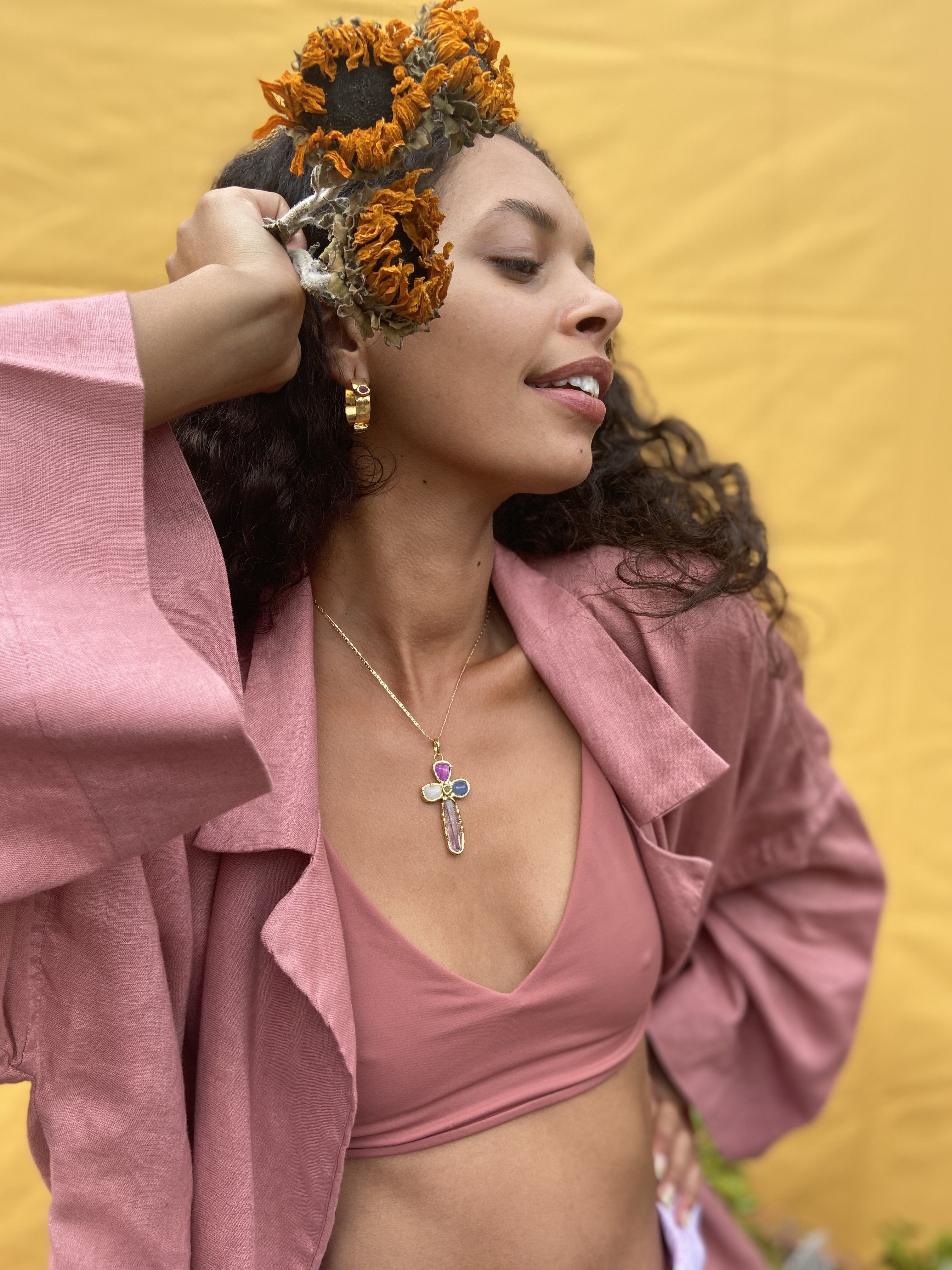 Grande Gemstone Cross Charm in Gold Jewellery Tea & Tequila