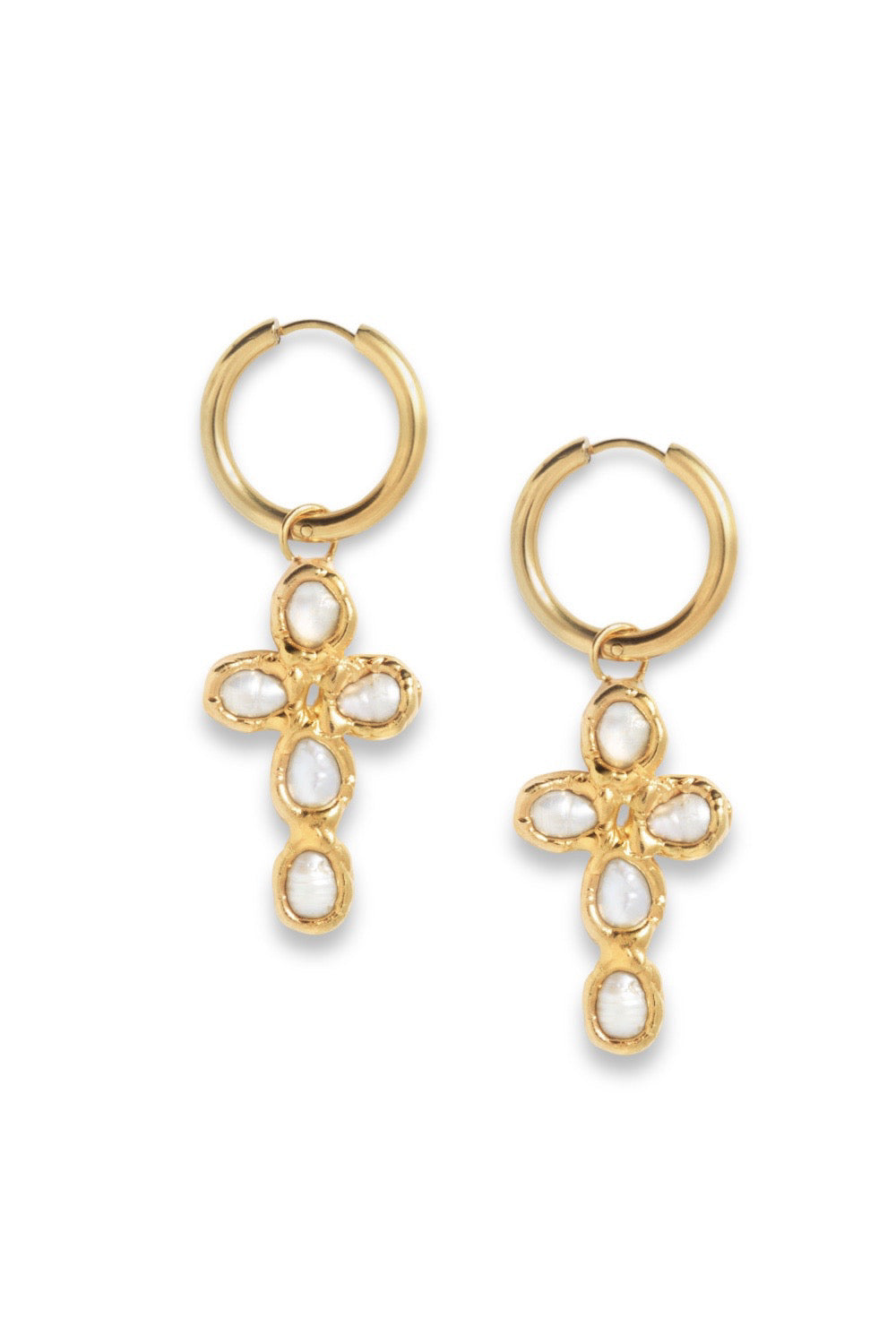 Pearl Cross Hoops in Gold