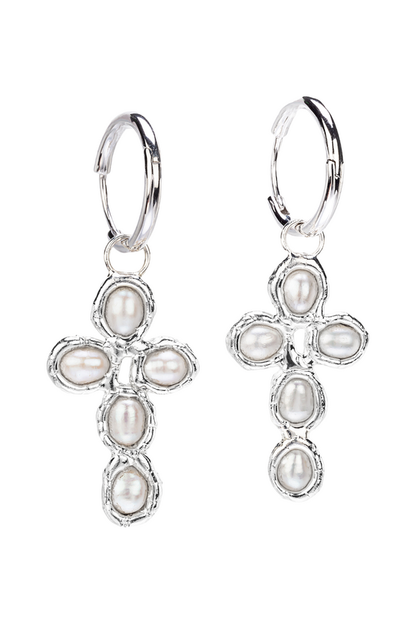 Silver Pearl Cross Hoops - Tea & Tequila