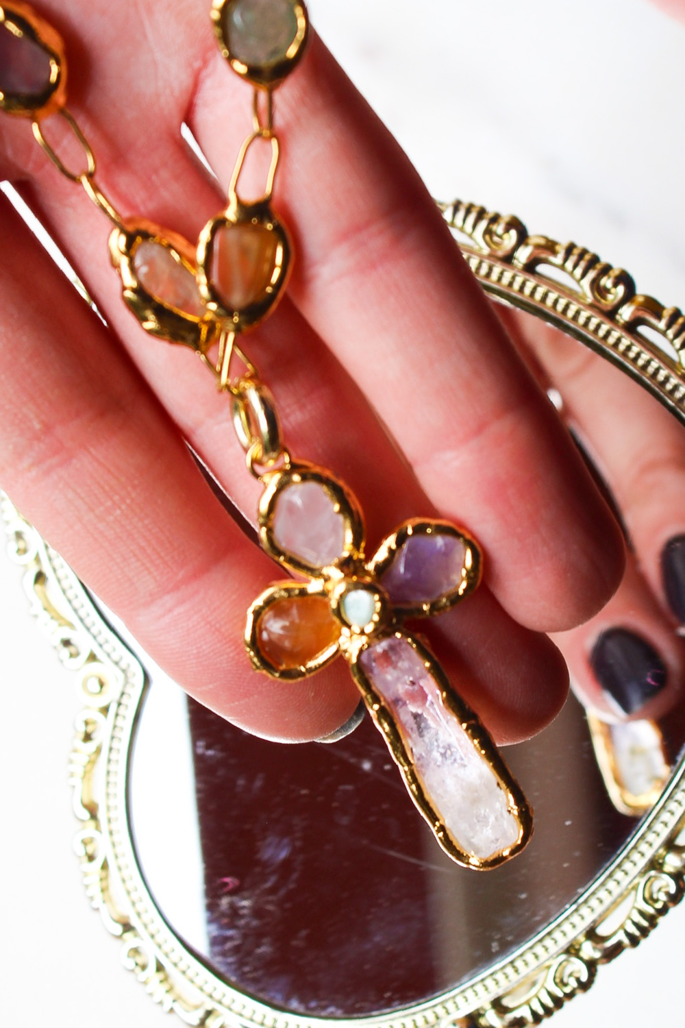 Grande Gemstone Cross Charm in Gold