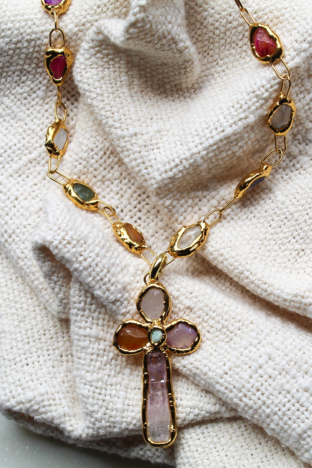 Grande Gemstone Cross Charm in Gold