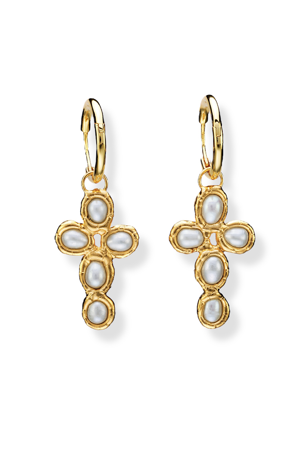 Pearl Cross Hoops in Gold