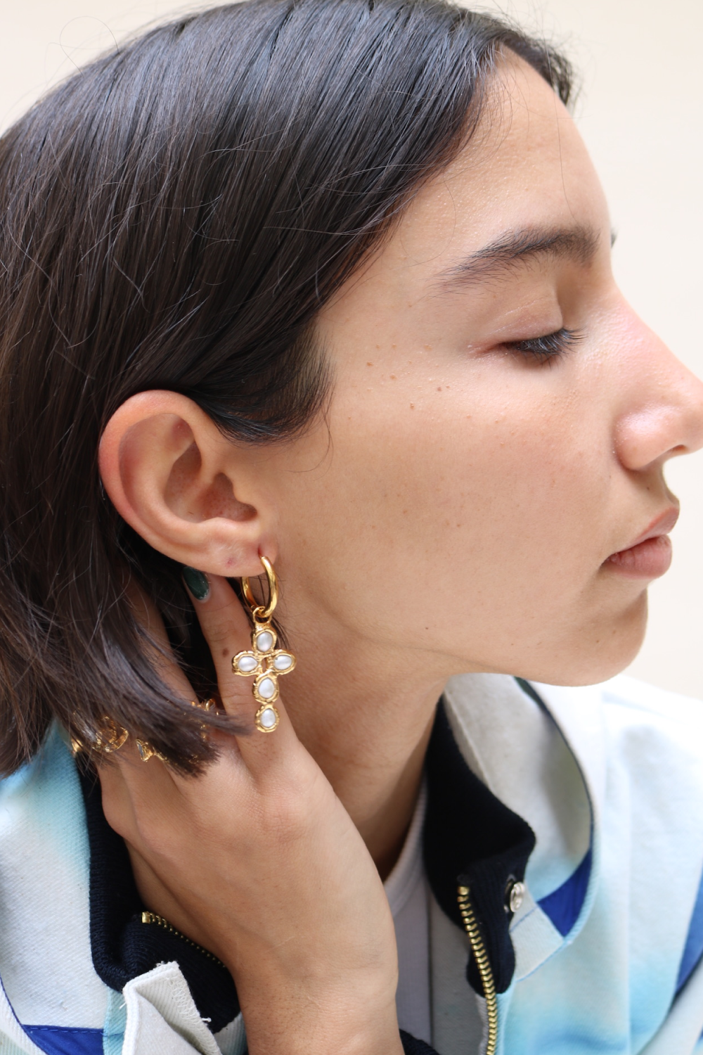 Pearl Cross Hoops in Gold