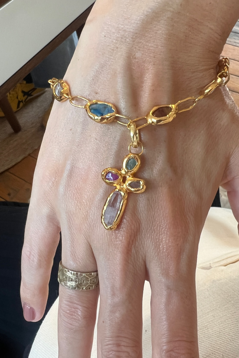 Gemstone Cross Charm in Gold