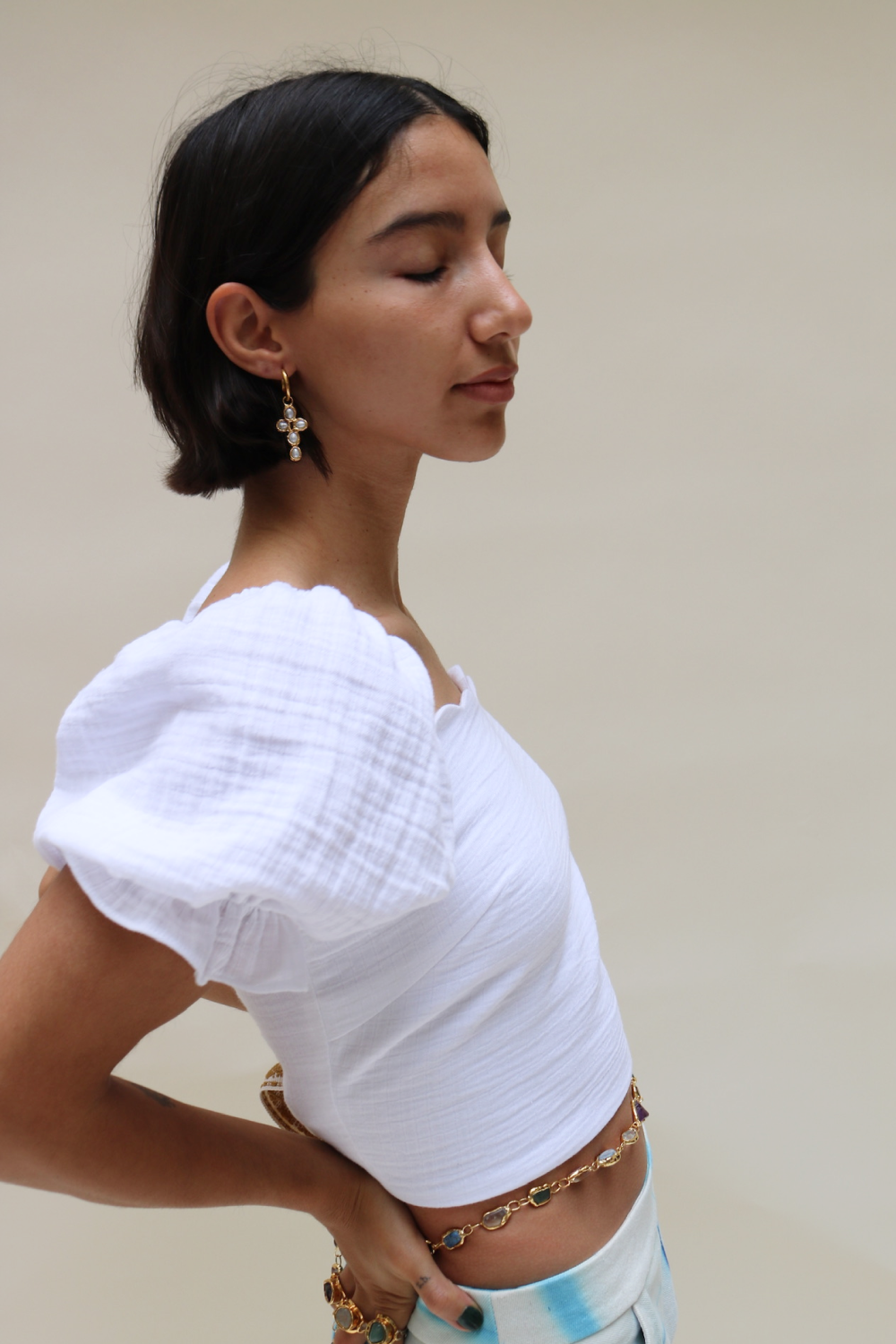 Pearl Cross Hoops in Gold