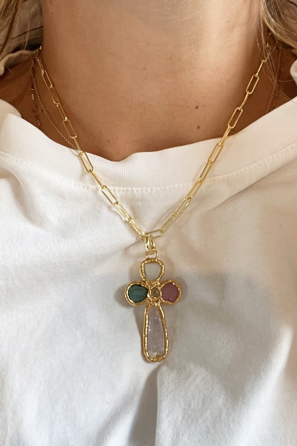Grande Gemstone Cross Charm in Gold