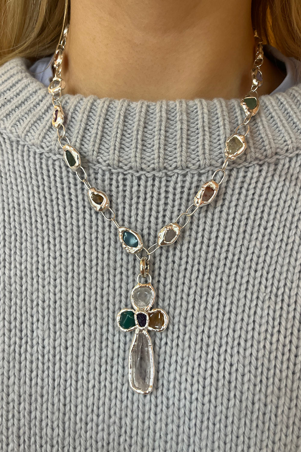 Grande Gemstone Cross Charm in Silver