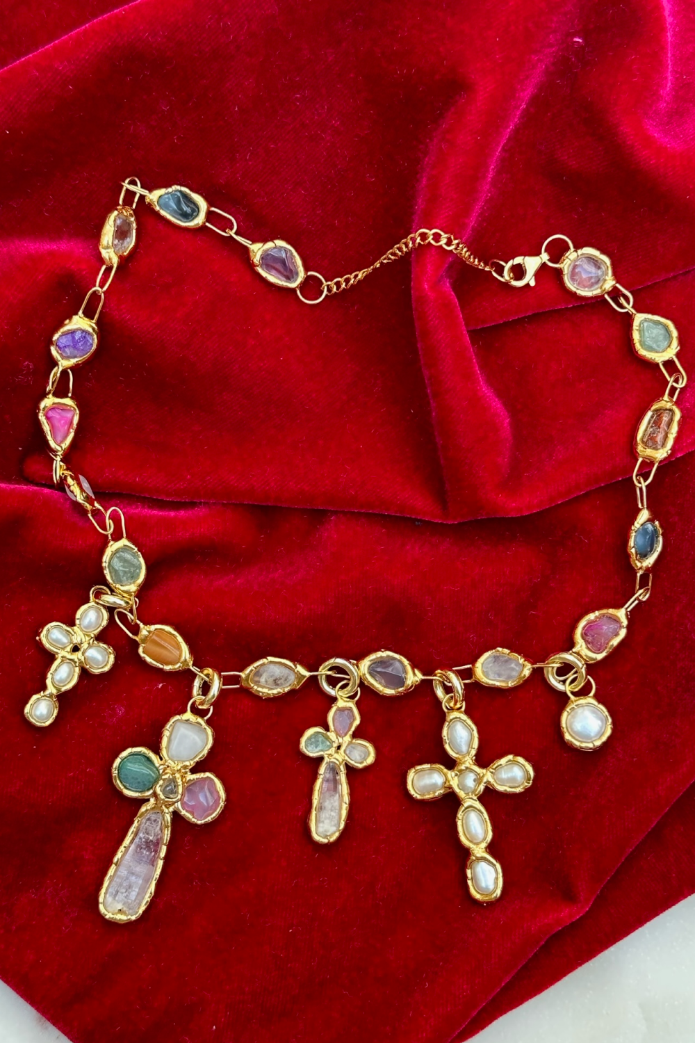Gemstone Cross Charm in Gold